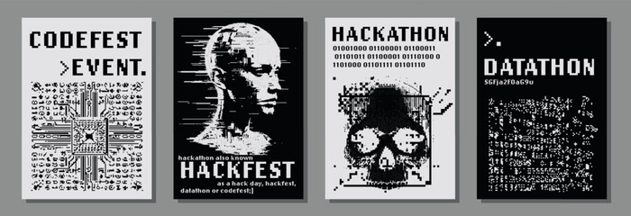 Set of retrofuturistic posters for hackathon (also known as a hack day, hackfest, datathon or codefest) event with pixel art illustrations of glitched human head and skull.