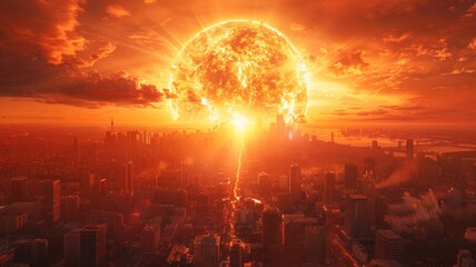 Obraz premium The world is ending in a fiery apocalypse. The sun is exploding, and the city is in ruins.