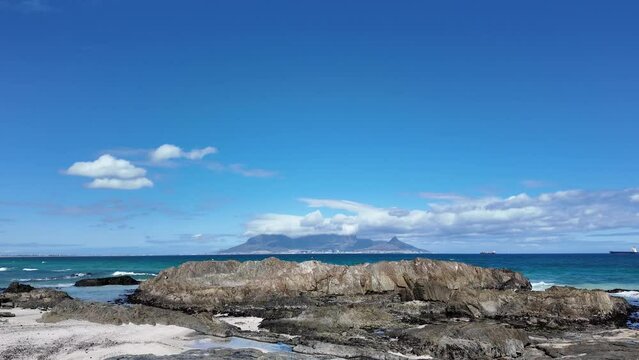 Bloubergstrand west coast South Africa.  19. 04. 2024. View of Cape Town and Table Mountain from the seaside resort of Bloubergstand   across Table Bay on the West Coast of South Africa.