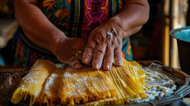 Close up of hands preparing hallaca or tamale