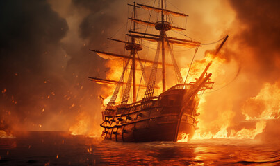 Obraz premium Wooden war ship in flames on the sea battlefield, generated ai