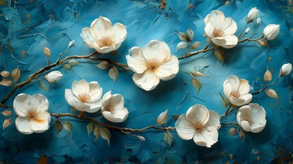 White magnolia flowers on a blue background.flowers on blue background