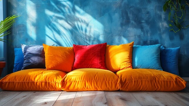 vibrant throw pillows decorate a comfortable sofa against a cozy home setting, with space for text
