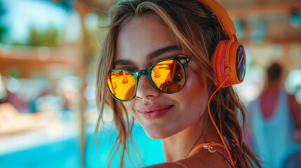 Beautiful young woman dj at a beach party. Summer and entertainment concept.