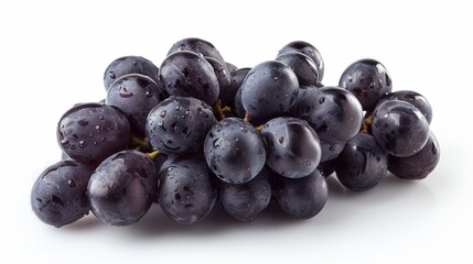 A bunch of fresh, ripe grapes with a light coating of water droplets. The grapes are a deep purple color and are arranged in a cluster.