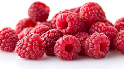 A pile of fresh, ripe raspberries isolated on a white background.