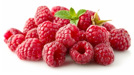 A pile of fresh raspberries isolated on white background.
