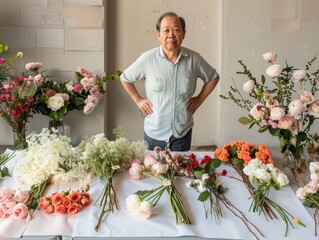 Elderly Florist: Asian man, flower arrangements, indoor setting.

