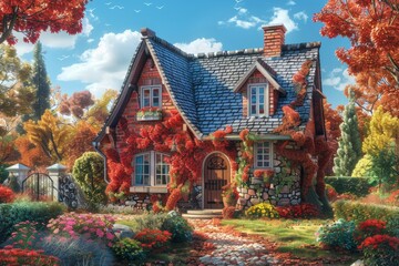 Obraz premium A quaint brick house surrounded by trees and grass, blending into the natural landscape of the autumn forest. A picturesque scene of art in nature. High quality 3d illustration