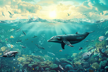 Naklejka premium Dolphin Swimming Among Corals in Ocean