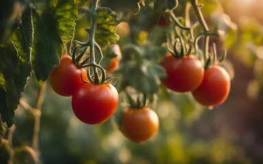 Ripe tomatoes on vine, blurred garden background, golden hour lighting
