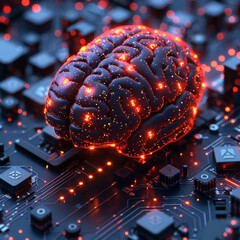 AI Brain Concept on Red Glowing Electronics Board