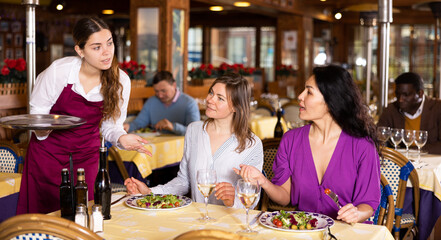 Attentive young waitress asking about wishes of two female friends sitting at served table in...