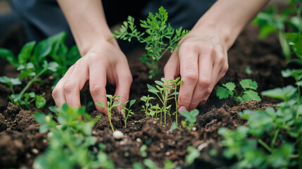 Close das mãos de uma pessoa da Geração Z plantando mudas de vegetais ou ervas culinárias em uma horta comunitária urbana. Estilo de vida sustentável, sustentabilidade ambiental, alimentação saudável.