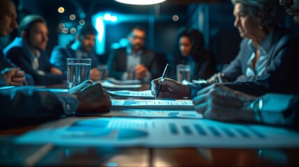 Focused Group of Business Professionals Engaged in a Strategic Meeting at Night