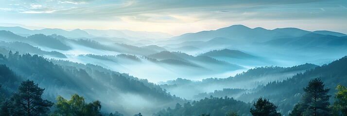 Layered landscale mountains with fog in the morning realistic nature and landscape