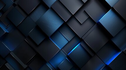 Blue and black 3D rendering of squares with neon blue light between them.