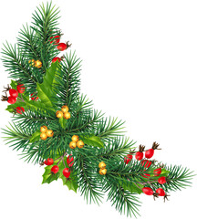 Festive green garland of pine, red berries, mistletoe, holly and pine cones. Decorated with trinkets. Transparent, png.