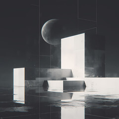 Explore the Future of Art in Outer Space with a Unique Abstract Rendition Featuring a Cube-like Structure and a Full Moon against a Starry Sky Background