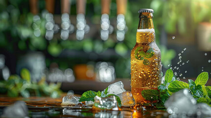 Chilled Beer Bottle on Wooden Bar Table