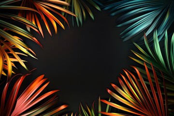 Creative text frame with neon colorful tropical leaves on a black background.