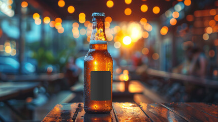 Chilled Beer Bottle on Wooden Bar Table