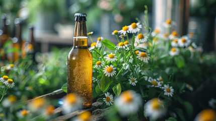 Beer Bottle Amidst Daisy Flowers