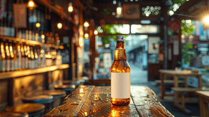 Chilled Beer Bottle on Wooden Bar Table