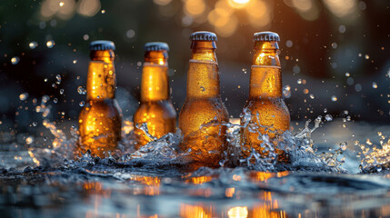 Refreshing Beer Bottle with Ice and Splashes