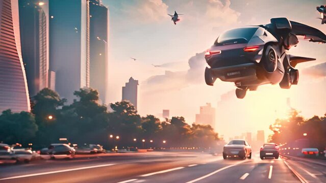 flying car traffic in the futuristic world, digital art style.Flying car landing on the roof of a building in futuristic city
