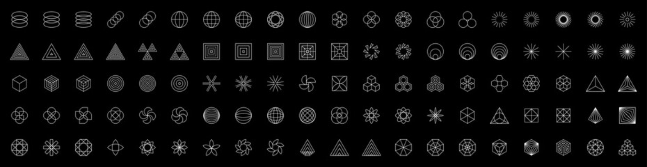 Abstract Geometric Shape Elements for Graphic Design. Large Collection of 100 Retro Futuristic Shapes, Symbols, Icons. Modern Neo Minalism Vector Shape set for Logo Design, Posters, Banners, Stickers.