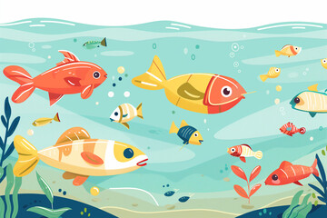 Naklejka premium Cartoon Fish Swimming in the Ocean