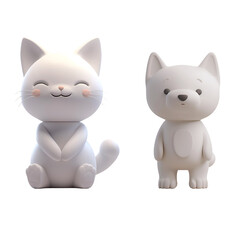 Obraz premium White Cat and White Dog: A Set of Cute Pets in 3D Cartoon Illustration Style, Isolated on Transparent Background, PNG