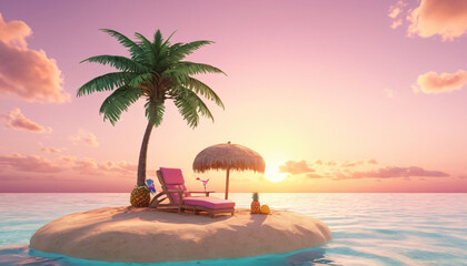 Fototapeta premium A sand islet surrounded by the sea with beach symbols, summer, very close view from the water, 3D rendering
