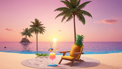 Obraz premium A sand islet surrounded by the sea with beach symbols, summer, very close view from the water, 3D rendering