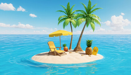 Obraz premium A sand islet surrounded by the sea with beach symbols, summer, very close view from the water, 3D rendering
