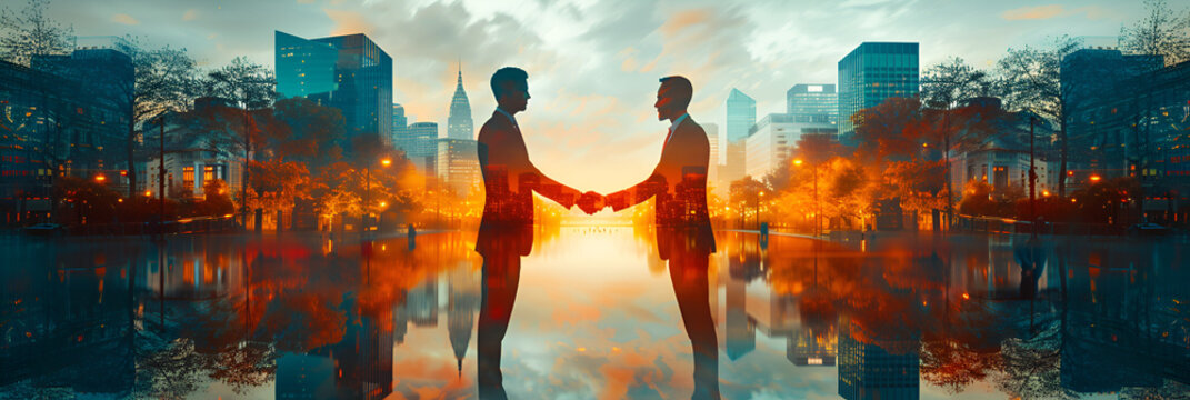 Silhouette of two businessmen shaking hands,
Futuristic cityscape abstraction with retrowave and cyberpunk elements in d rendering background
