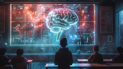 Show a classroom where students are learning math through a braincomputer interface that adapts to their cognitive states