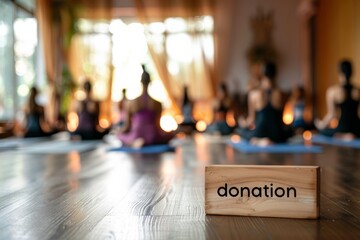 Donation box with the inscription "donation" on the background of blurred people doing yoga