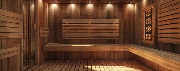 Inviting interior view of a modern infrared sauna in a serene wellness spa setting. Soft lighting and comfortable seating create a tranquil atmosphere.