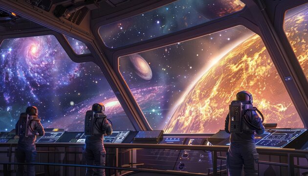 Show a team of astronauts on a starship bridge, observing a newly discovered galaxy through an advanced telescopic viewer