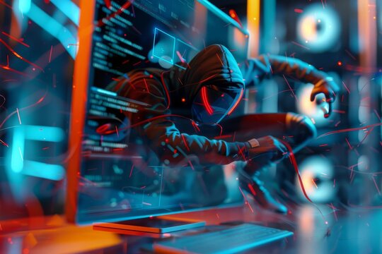 A conceptual image of a digital thief sneaking through a computer screen, being caught in a virtual trap by malware detection software