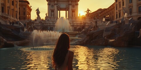 Back view of young cute woman looking at beautiful elegant tourist attraction with waterfall. Attractive tourist standing in front of elegant palace or architectural building and modern statue. AIG42. - Powered by Adobe