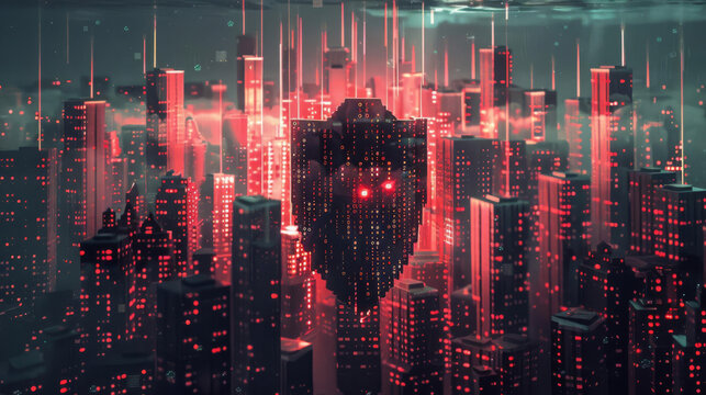 A conceptual photo of a shield made of binary code protecting a digital city, representing cybersecurity and data encryption