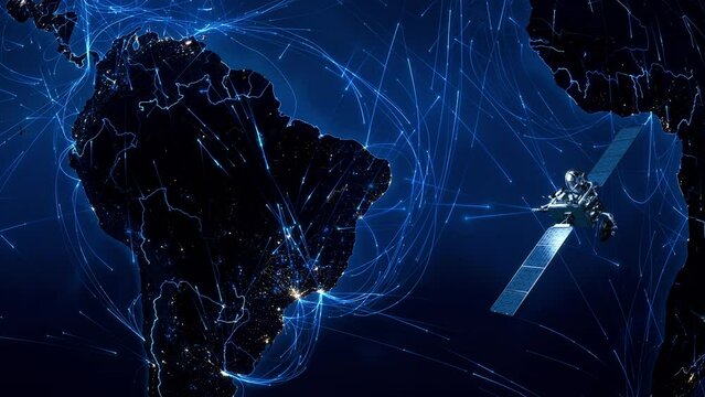 
Artificial Satellite Sending Signals over South America, highly Detailed Animation of Planet Earth.  Telecommunications, GPS, Internet and Surveillance Concepts.