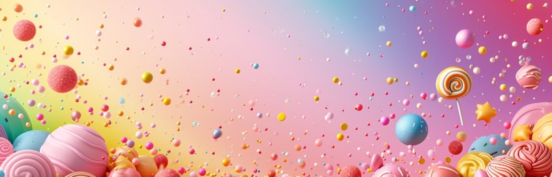 Colorful candies and lollipops, floating on a pastel rainbow background

