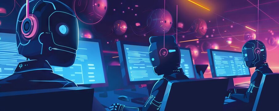 A customer support center powered by AI chatbots, handling multiple queries simultaneously on computer screens