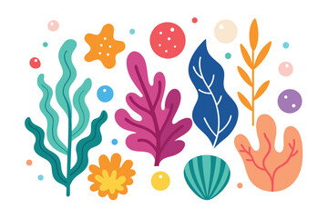 Vibrant Underwater Marine Life Elements Set. Flat Design Seaweed, Coral, Starfish, and Shells Illustration.