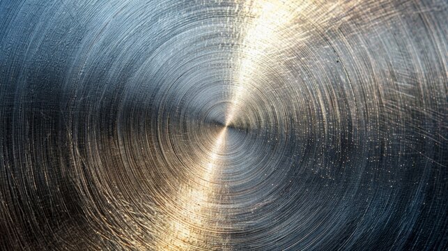 The image is a close-up of a shiny metal surface with a circular pattern of concentric scratches.light in the tunnel