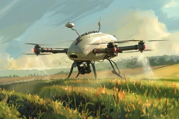 A depiction of an AIdriven agricultural drone flying over a field, monitoring crop health and spraying fertilizers precisely